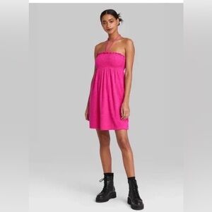 Wild Fable Women's Pink Strapless Smocked Terry Halter tie neckline Dress Size S